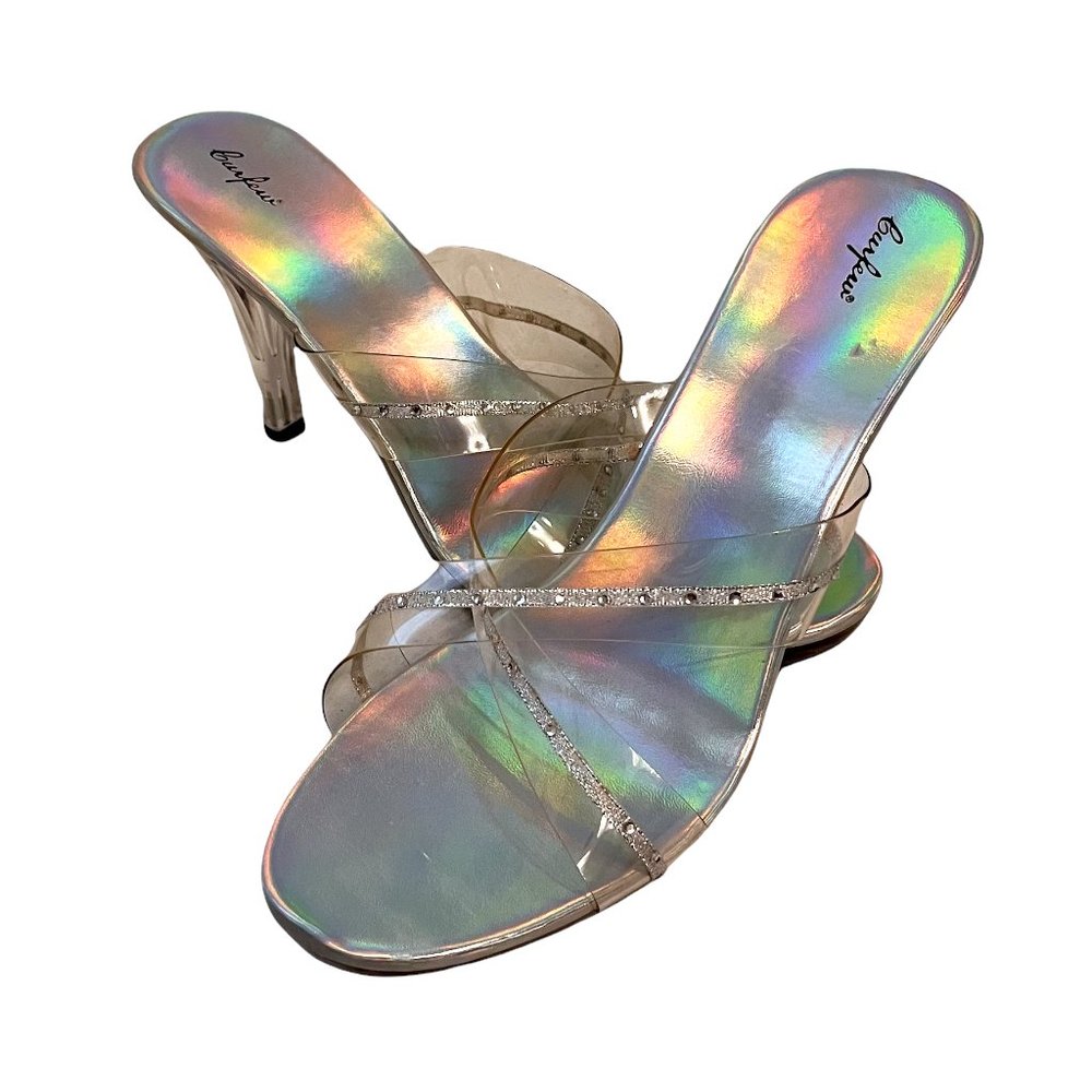 Lucite Stiletto Heels Clear Criss Cross Straps Holographic Top Slip On Y2K